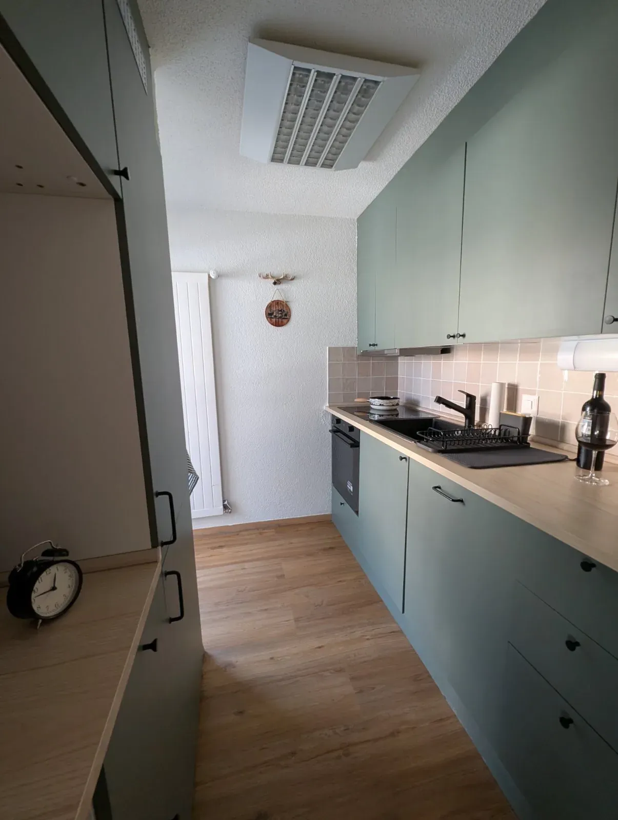 Küche der Alpine Siesta mit salbeigrünen Fronten, Induktion und Backofen