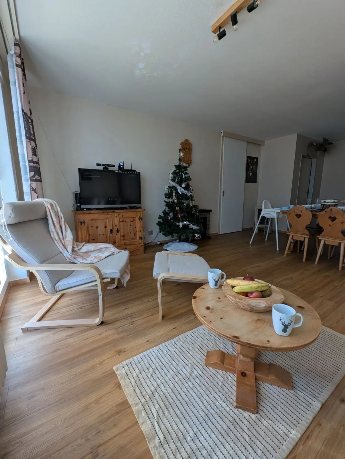 Wohnzimmer der Alpine Siesta mit Sessel, Fernseher und geschmücktem Weihnachtsbaum